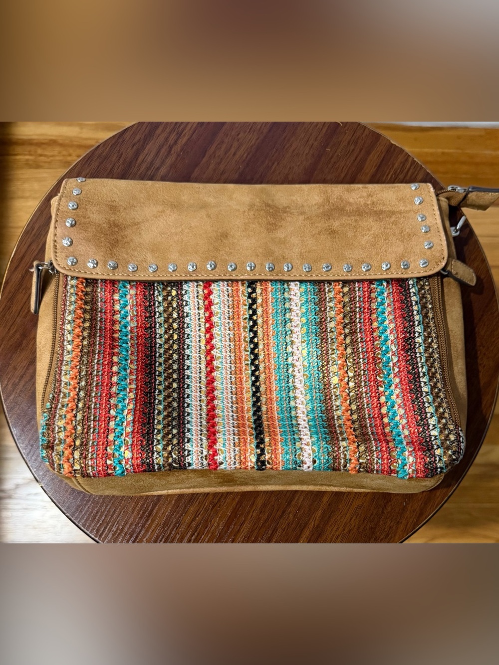 Bohemian Multicolor Woven Suede Clutch with Stud Accents